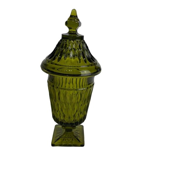 mt. vernon candy box & cover olive green Mod glass Bowl 3362 Footed 9 3/4” - Picture 2 of 4